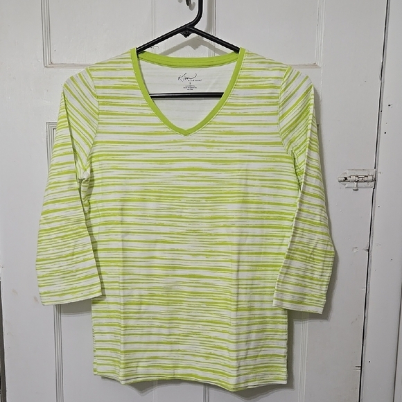 Kim Rogers Tops - KIM ROGERS LADIES WOMENS LIME GREEN WHITE STRIPE PATTERN 3/4 SLEEVE SIZE SMALL